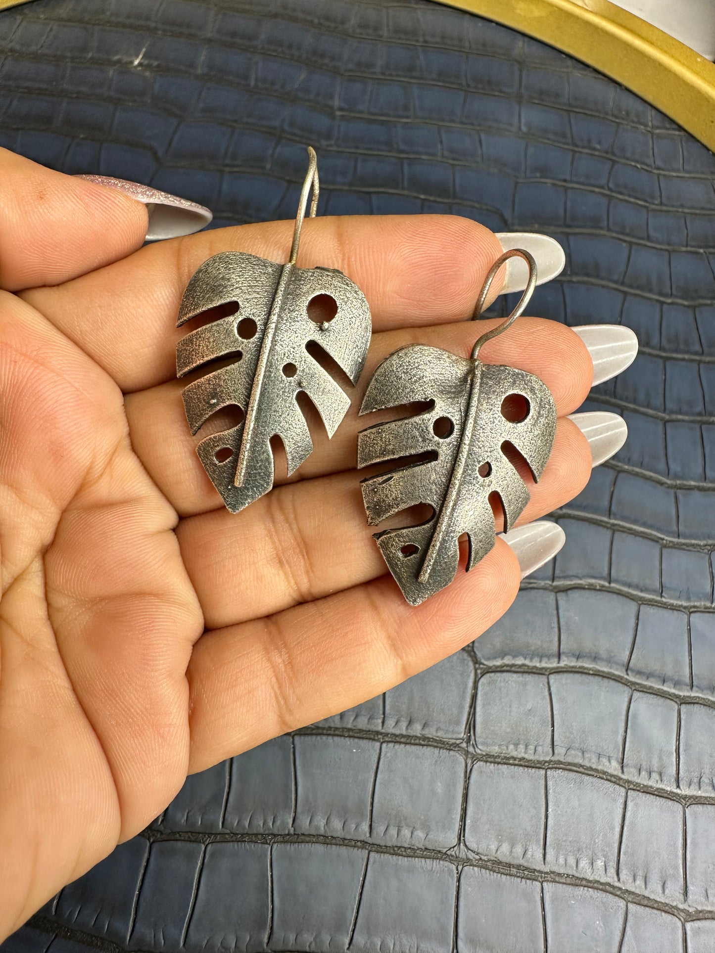 Oxidized Leaf Stud Earrings – German Silver Lightweight Statement