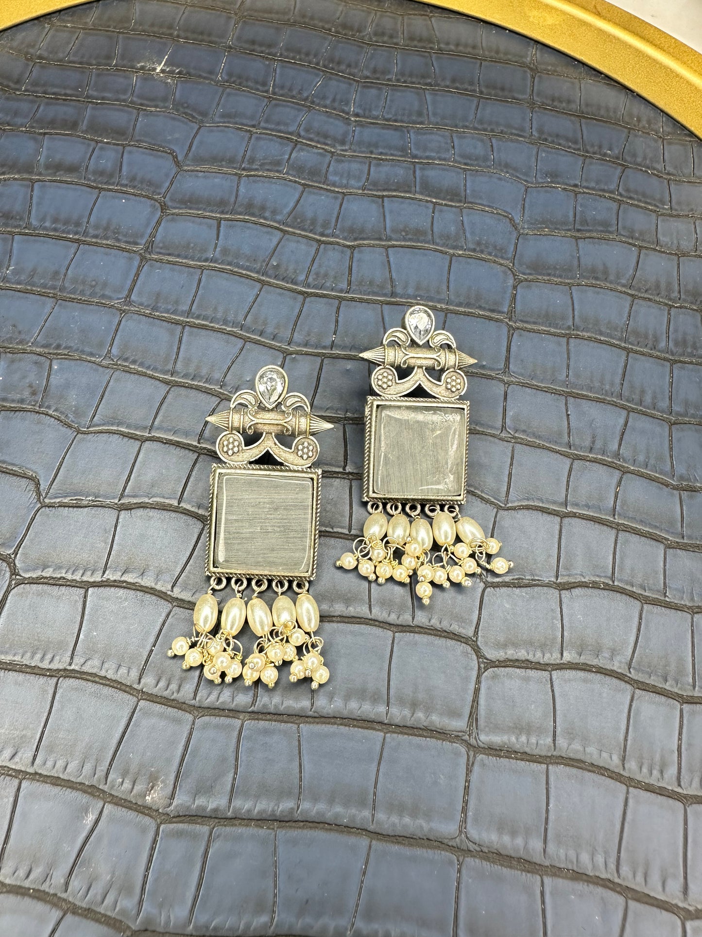 Oxidised Silver Drop Earrings – German Silver Pearl Fringe