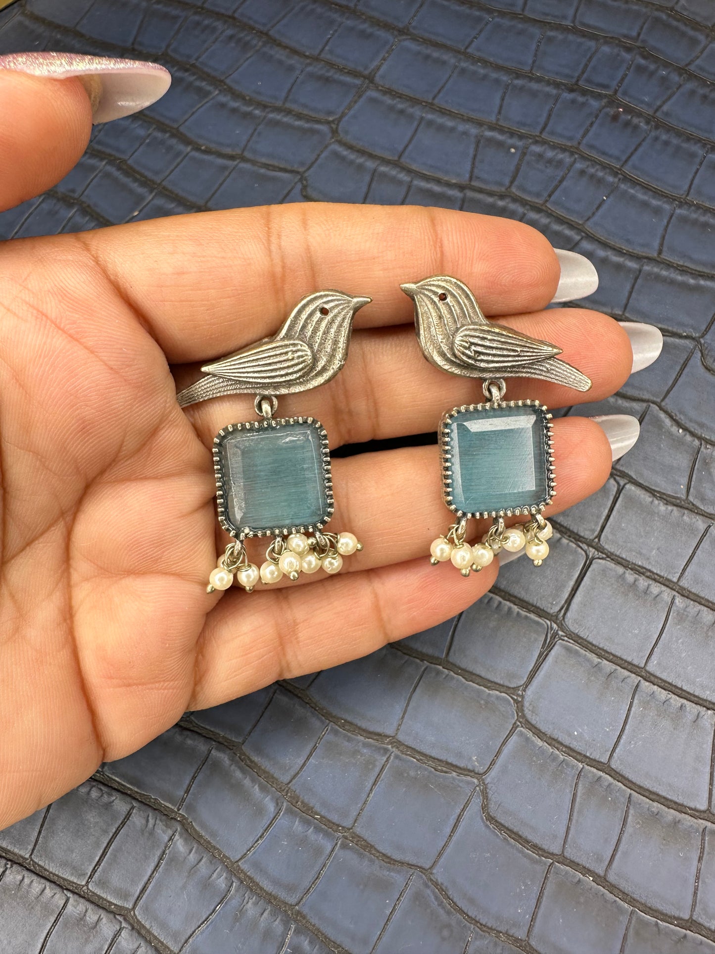 Oxidised Bird Earrings with Blue Stone – Pearl Drop Statement