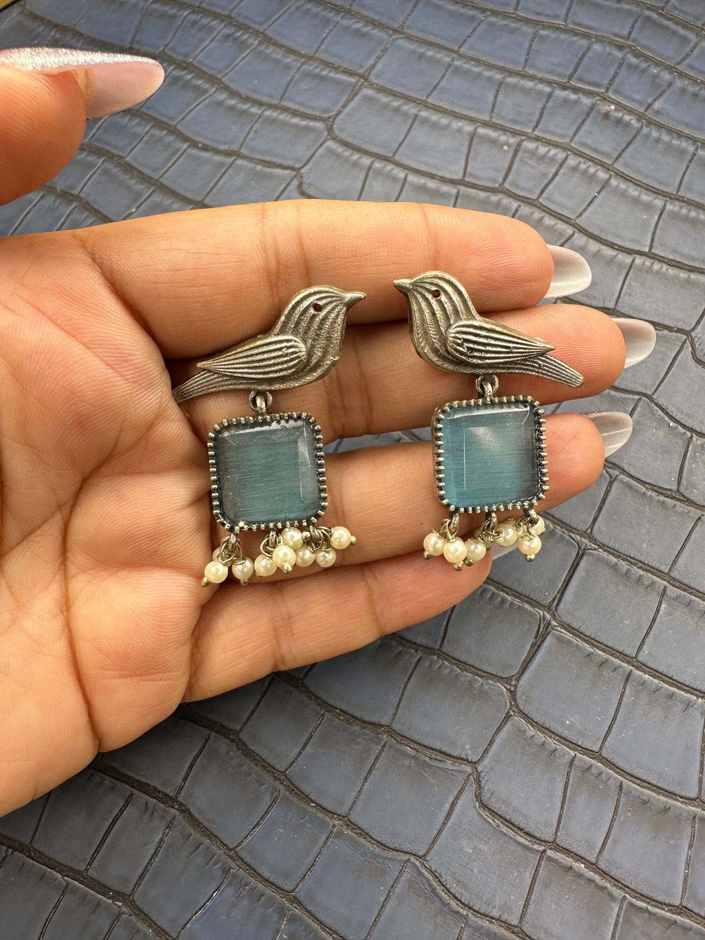 Oxidised Bird Earrings with Blue Stone – Pearl Drop Statement