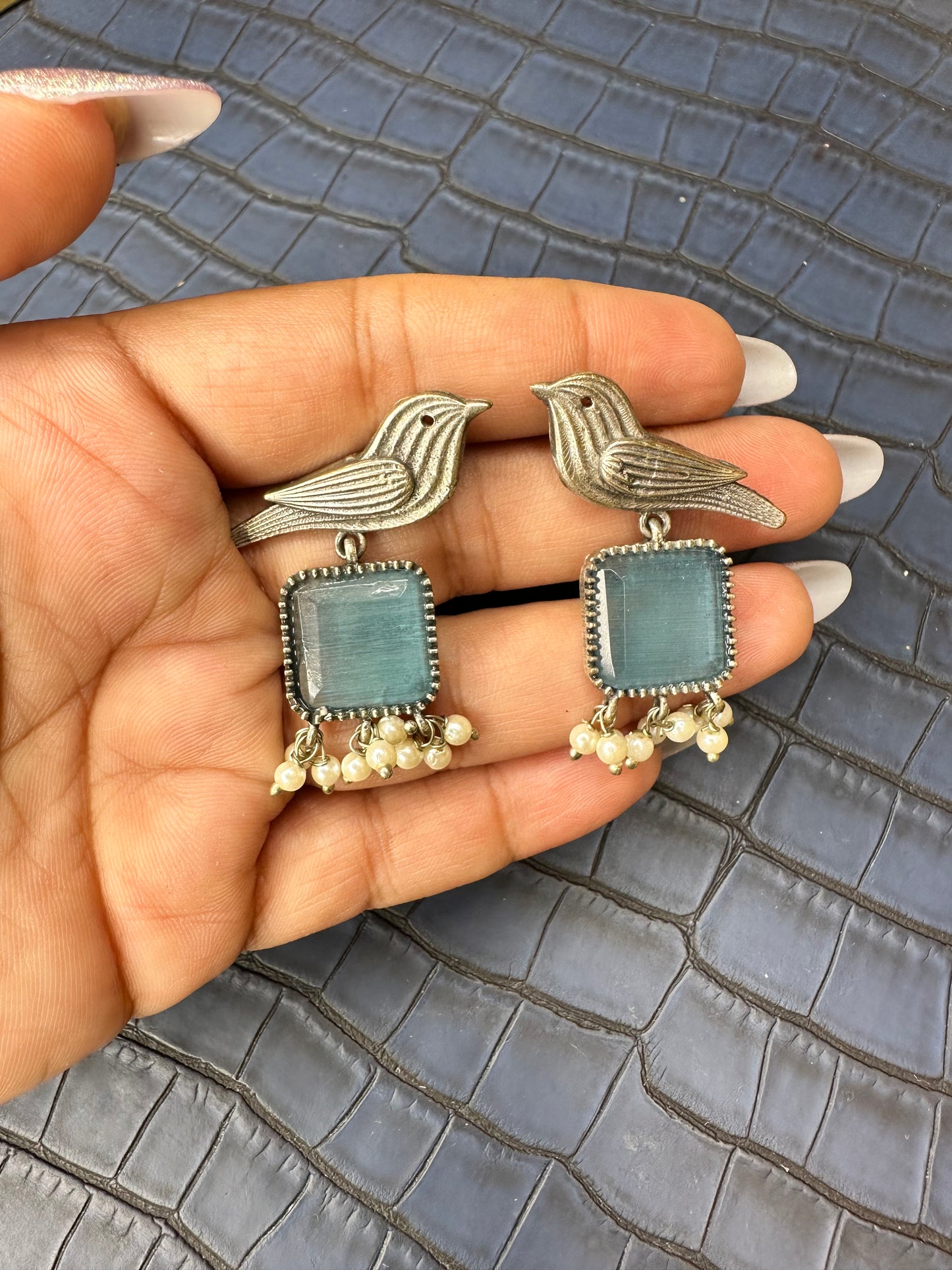 Oxidised Bird Earrings with Blue Stone – Pearl Drop Statement