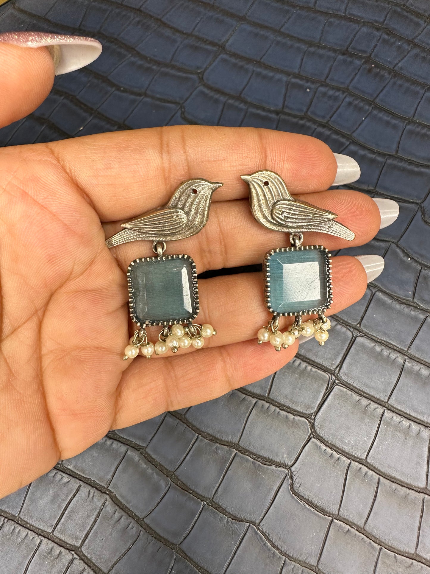 Oxidised Bird Earrings with Blue Stone – Pearl Drop Statement