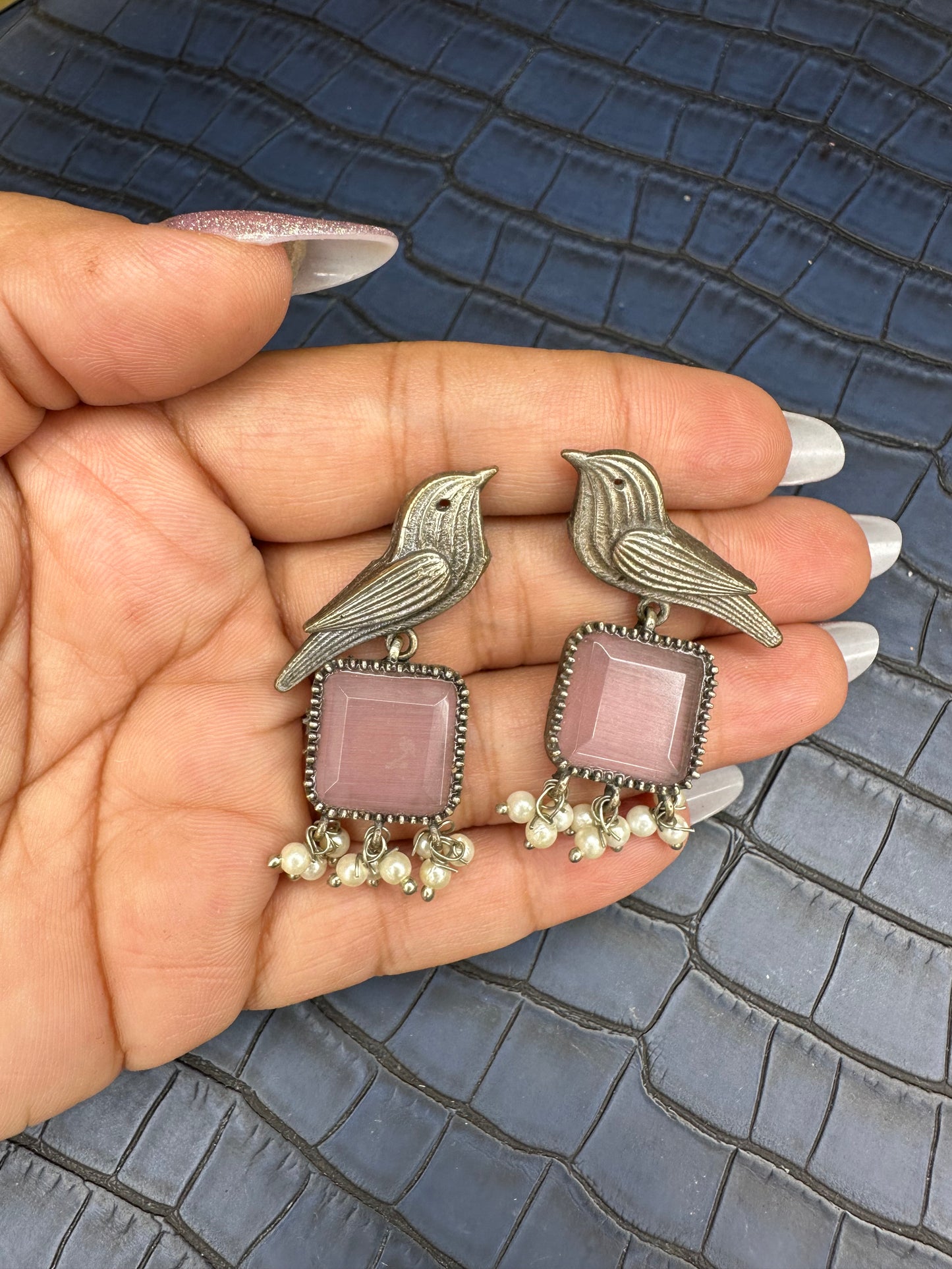 Oxidised Bird Earrings with Blue Stone – Pearl Drop Statement
