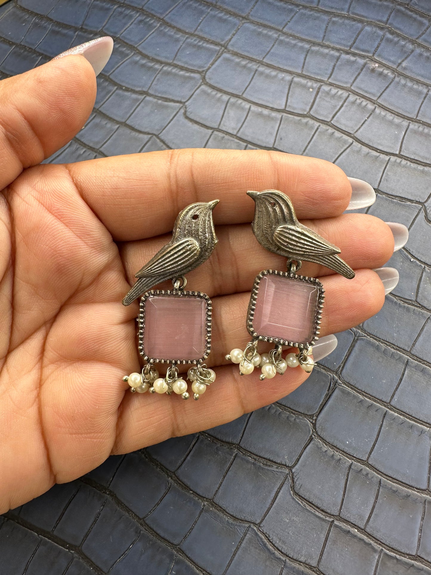 Oxidised Bird Earrings with Blue Stone – Pearl Drop Statement