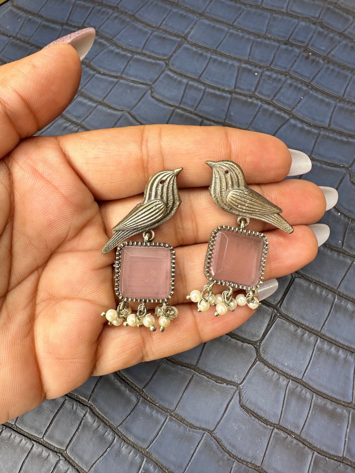 Oxidised Bird Earrings with Blue Stone – Pearl Drop Statement