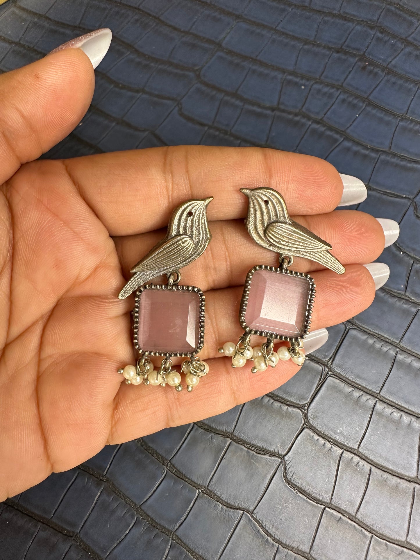 Oxidised Bird Earrings with Blue Stone – Pearl Drop Statement