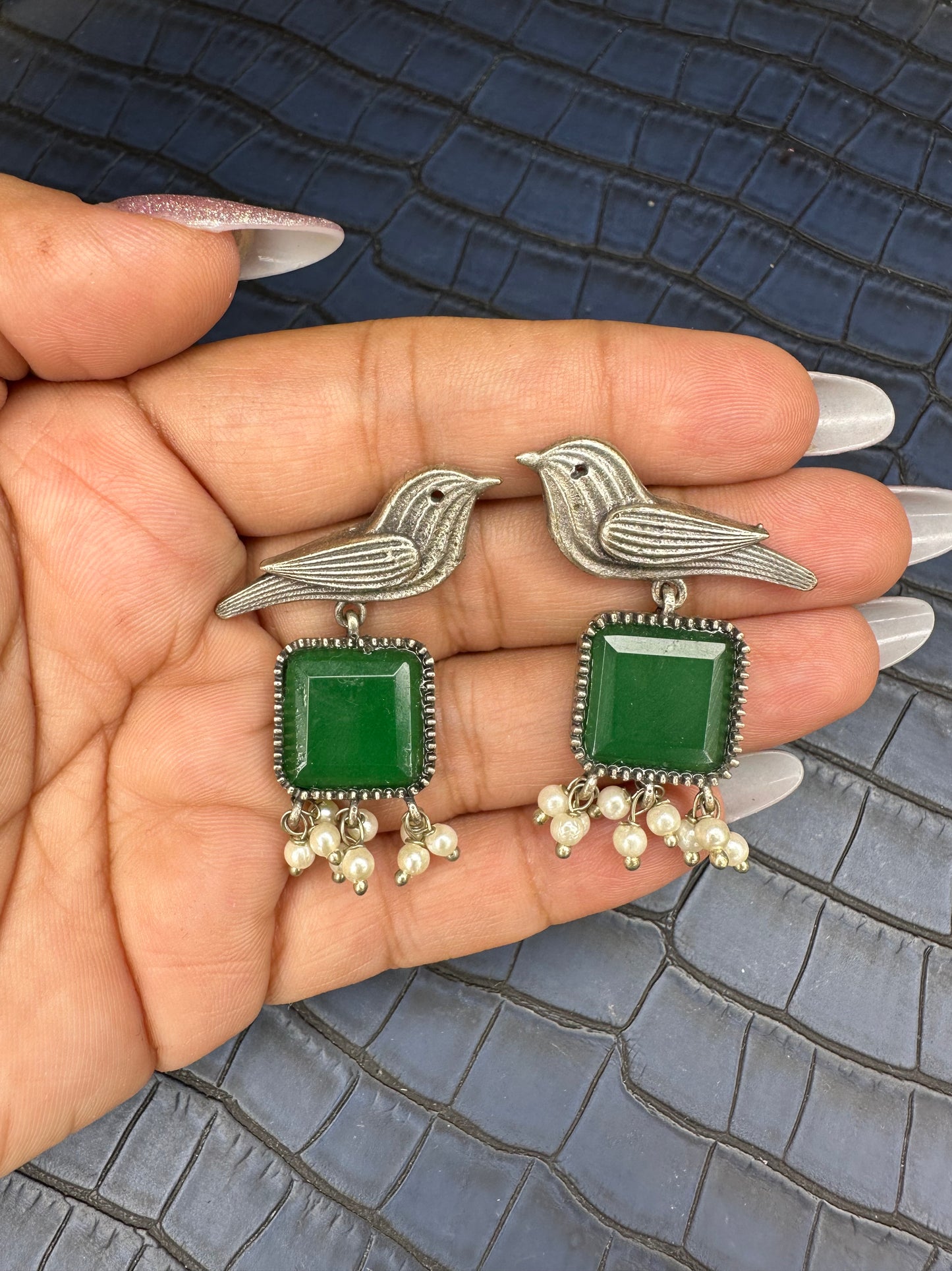 Oxidised Bird Earrings with Blue Stone – Pearl Drop Statement