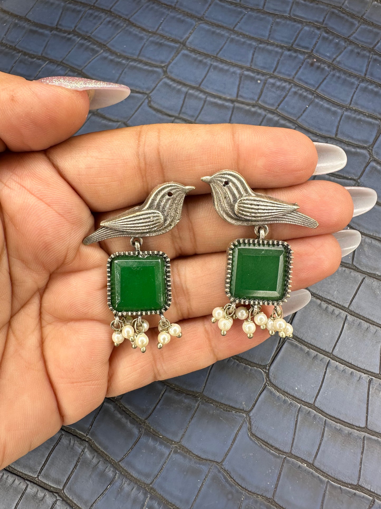 Oxidised Bird Earrings with Blue Stone – Pearl Drop Statement