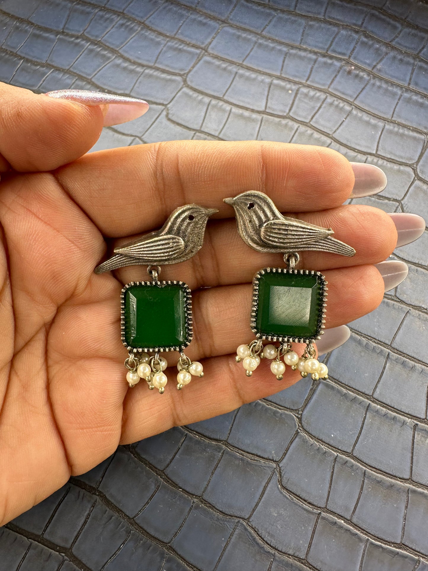 Oxidised Bird Earrings with Blue Stone – Pearl Drop Statement