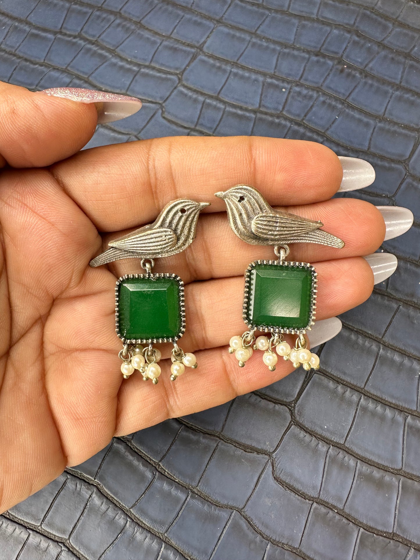 Oxidised Bird Earrings with Blue Stone – Pearl Drop Statement