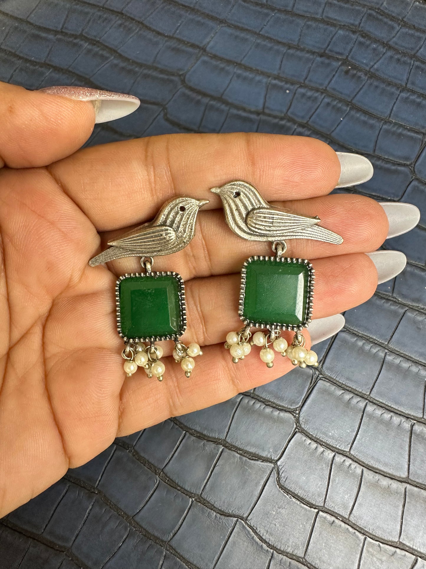 Oxidised Bird Earrings with Blue Stone – Pearl Drop Statement