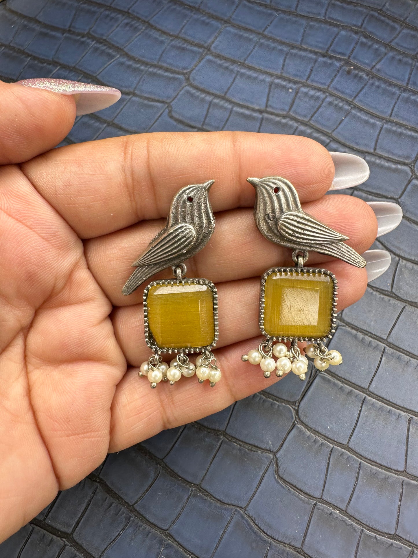 Oxidised Bird Earrings with Blue Stone – Pearl Drop Statement