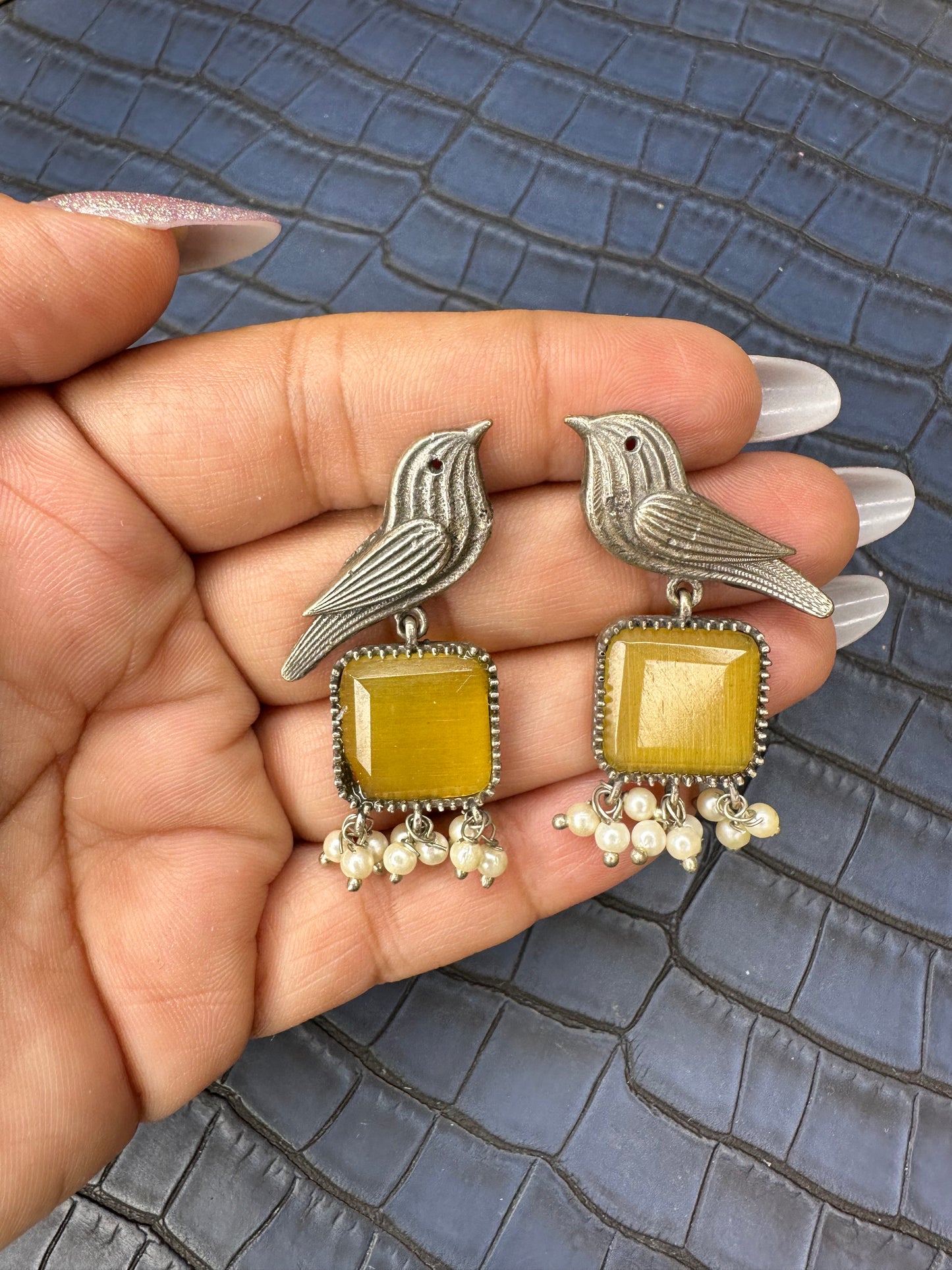 Oxidised Bird Earrings with Blue Stone – Pearl Drop Statement
