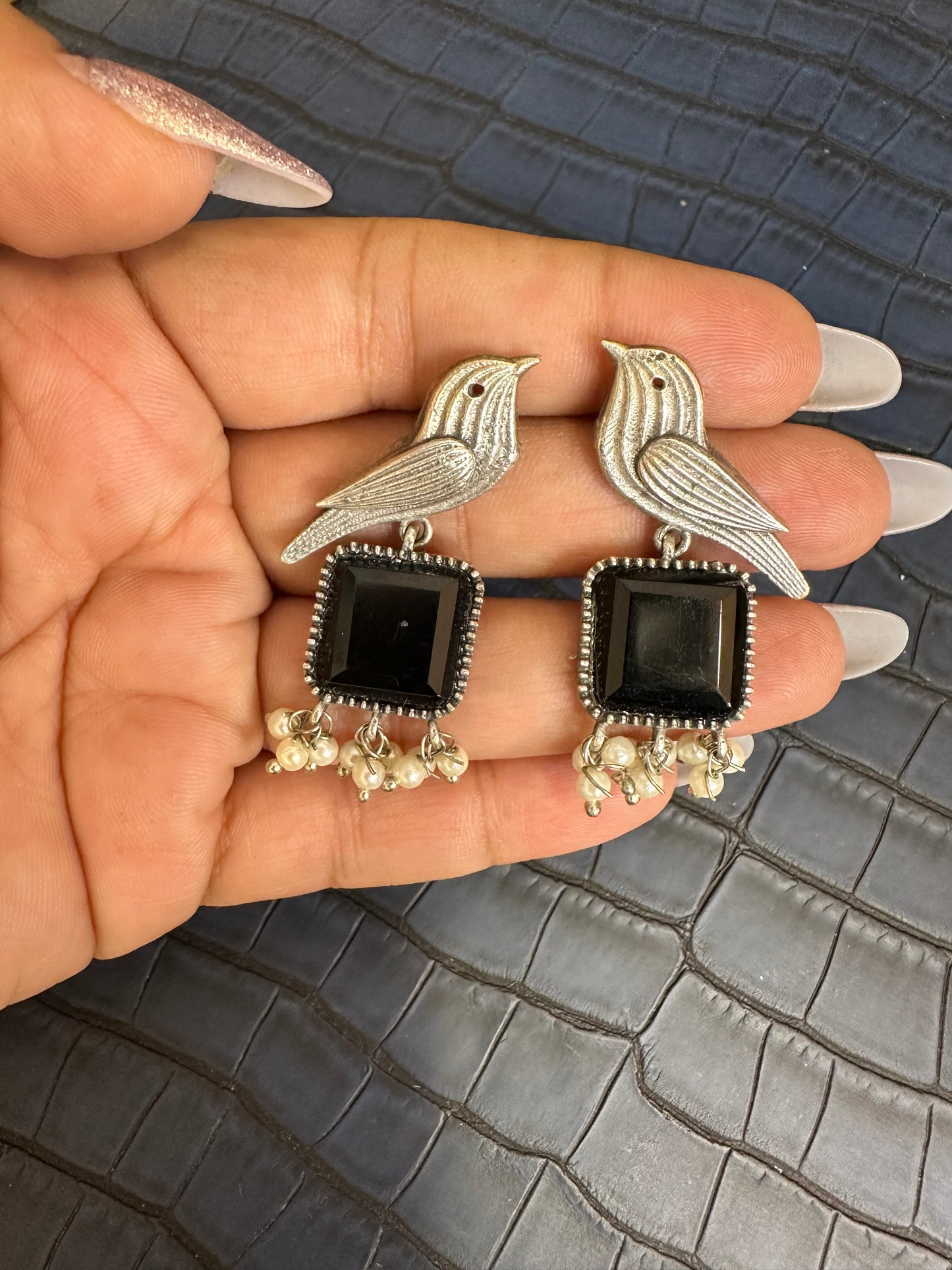 Oxidised Bird Earrings with Blue Stone – Pearl Drop Statement