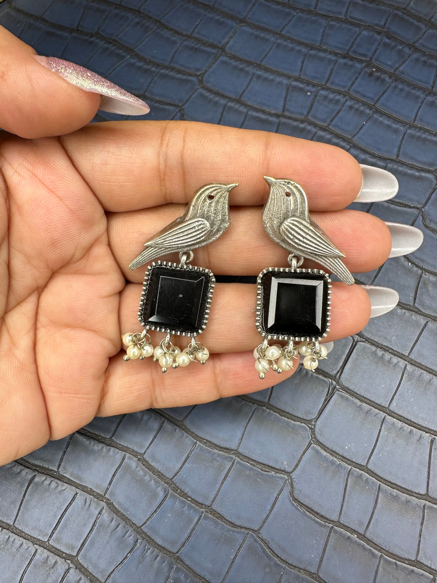 Oxidised Bird Earrings with Blue Stone – Pearl Drop Statement