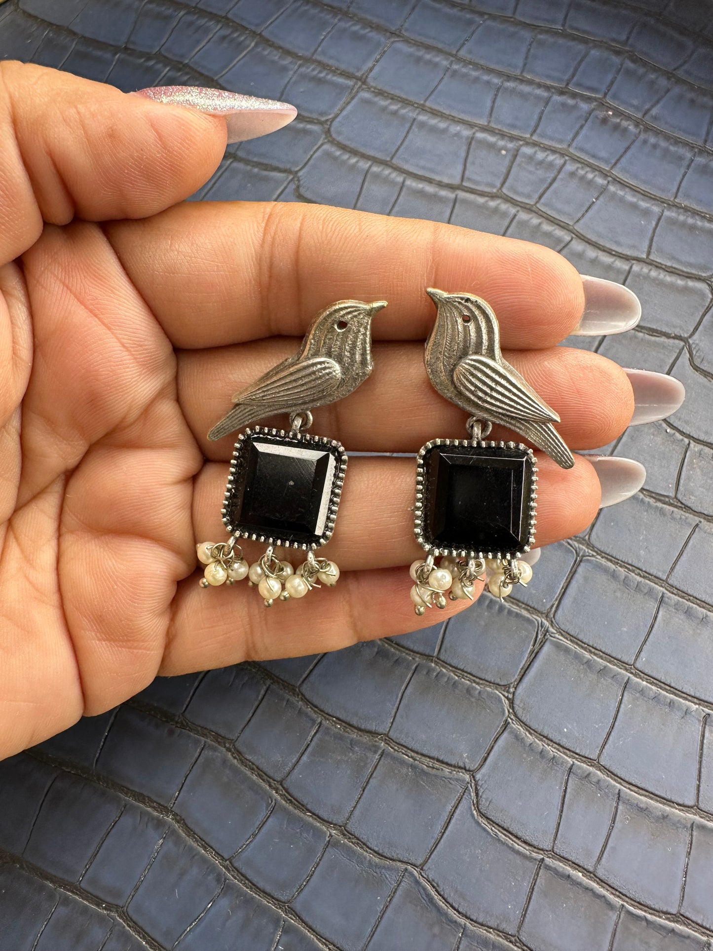 Oxidised Bird Earrings with Blue Stone – Pearl Drop Statement
