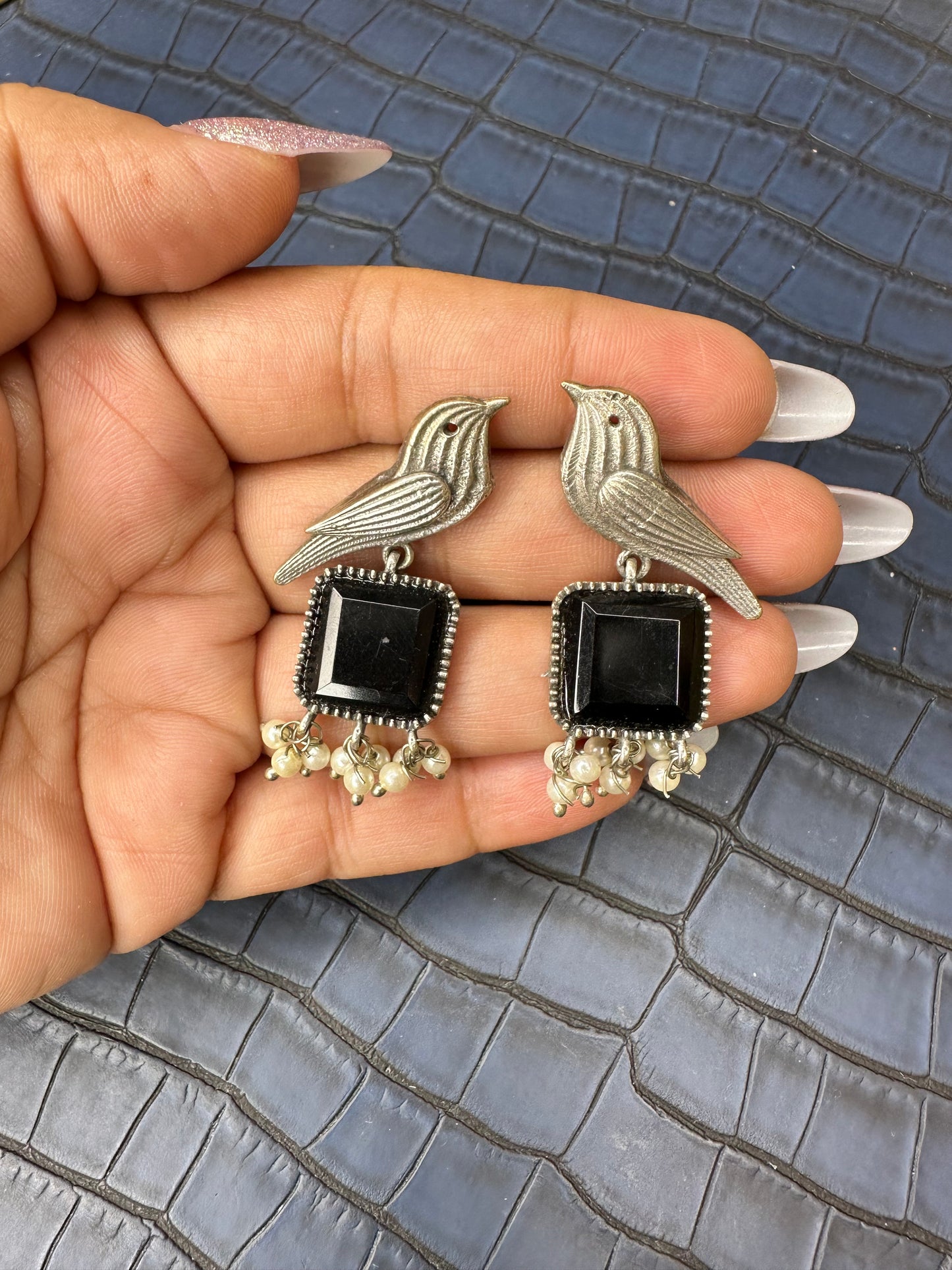 Oxidised Bird Earrings with Blue Stone – Pearl Drop Statement