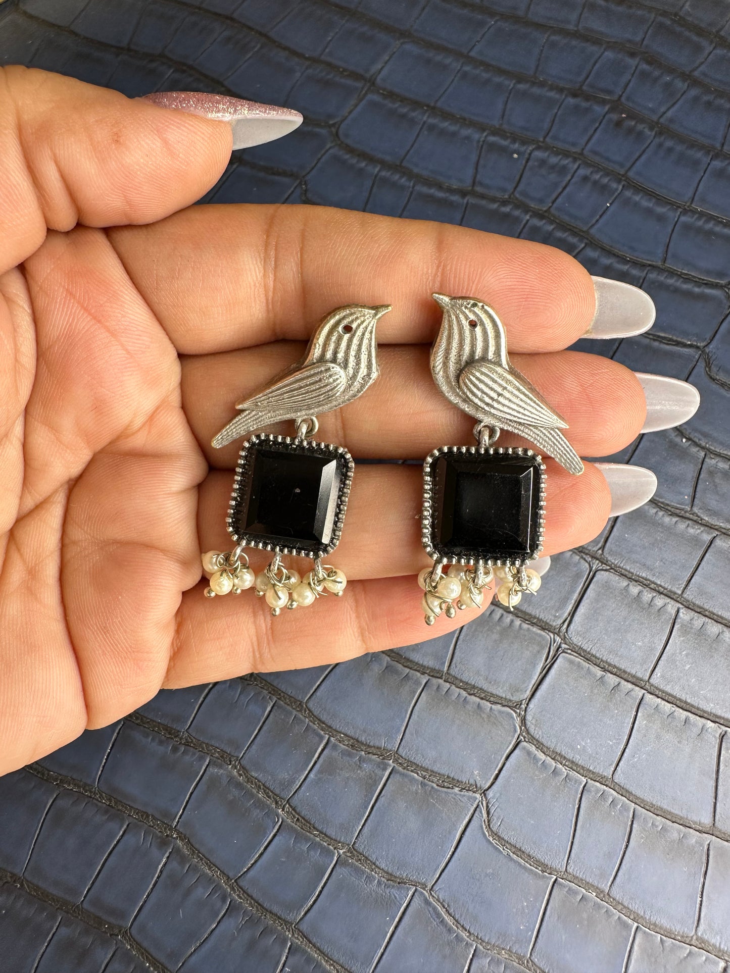 Oxidised Bird Earrings with Blue Stone – Pearl Drop Statement