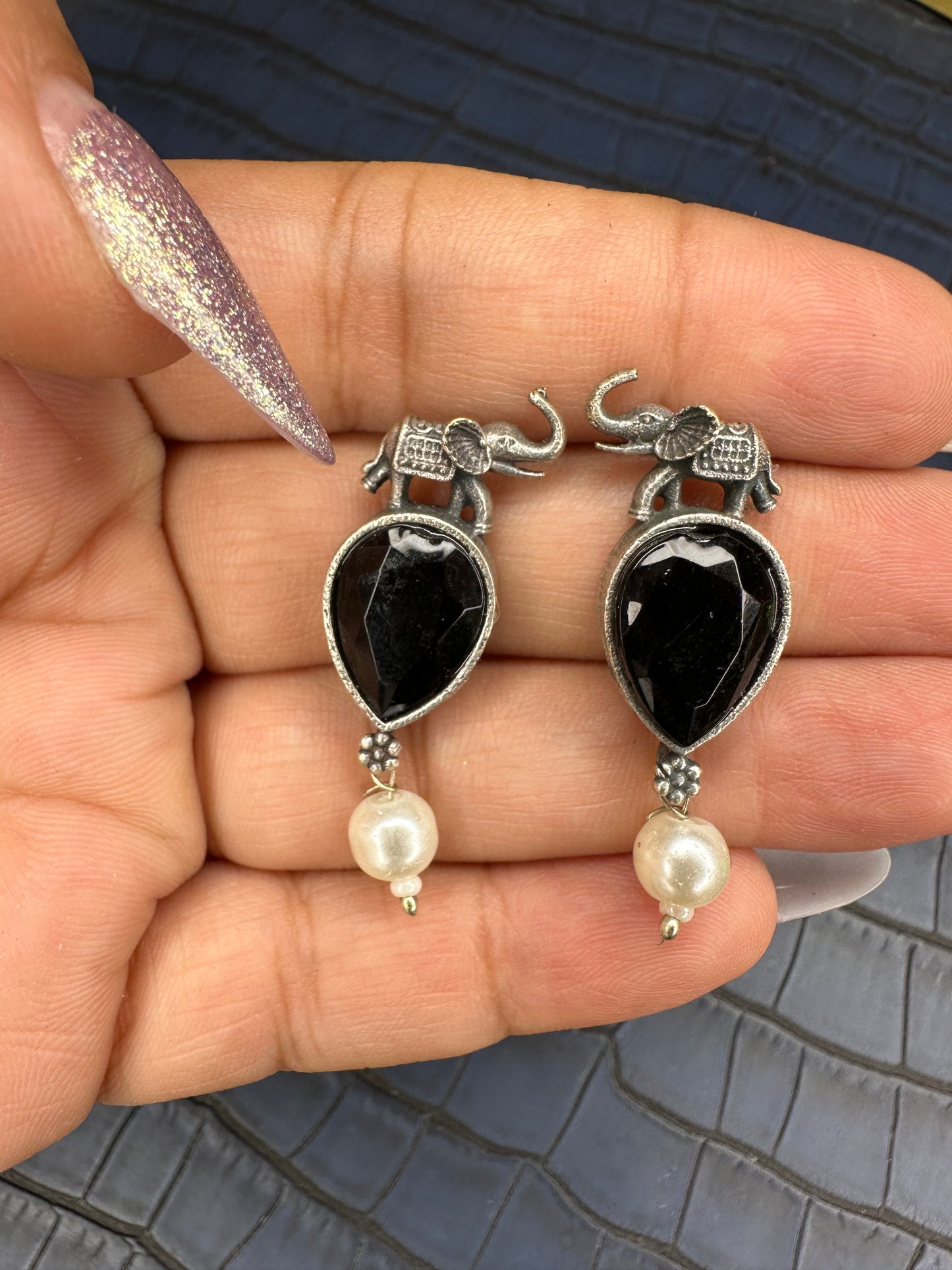 Oxidised Elephant Earrings with Green Stone – Pearl Drop Design