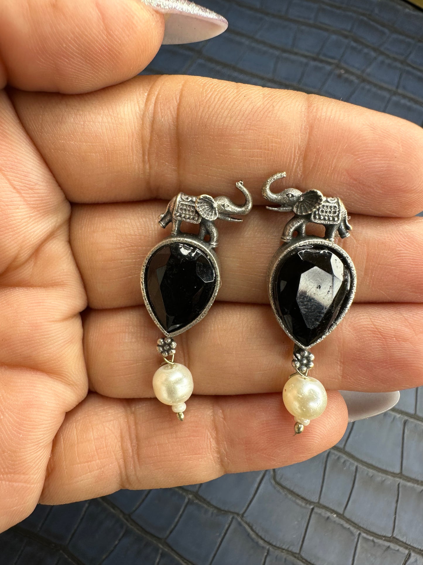 Oxidised Elephant Earrings with Green Stone – Pearl Drop Design