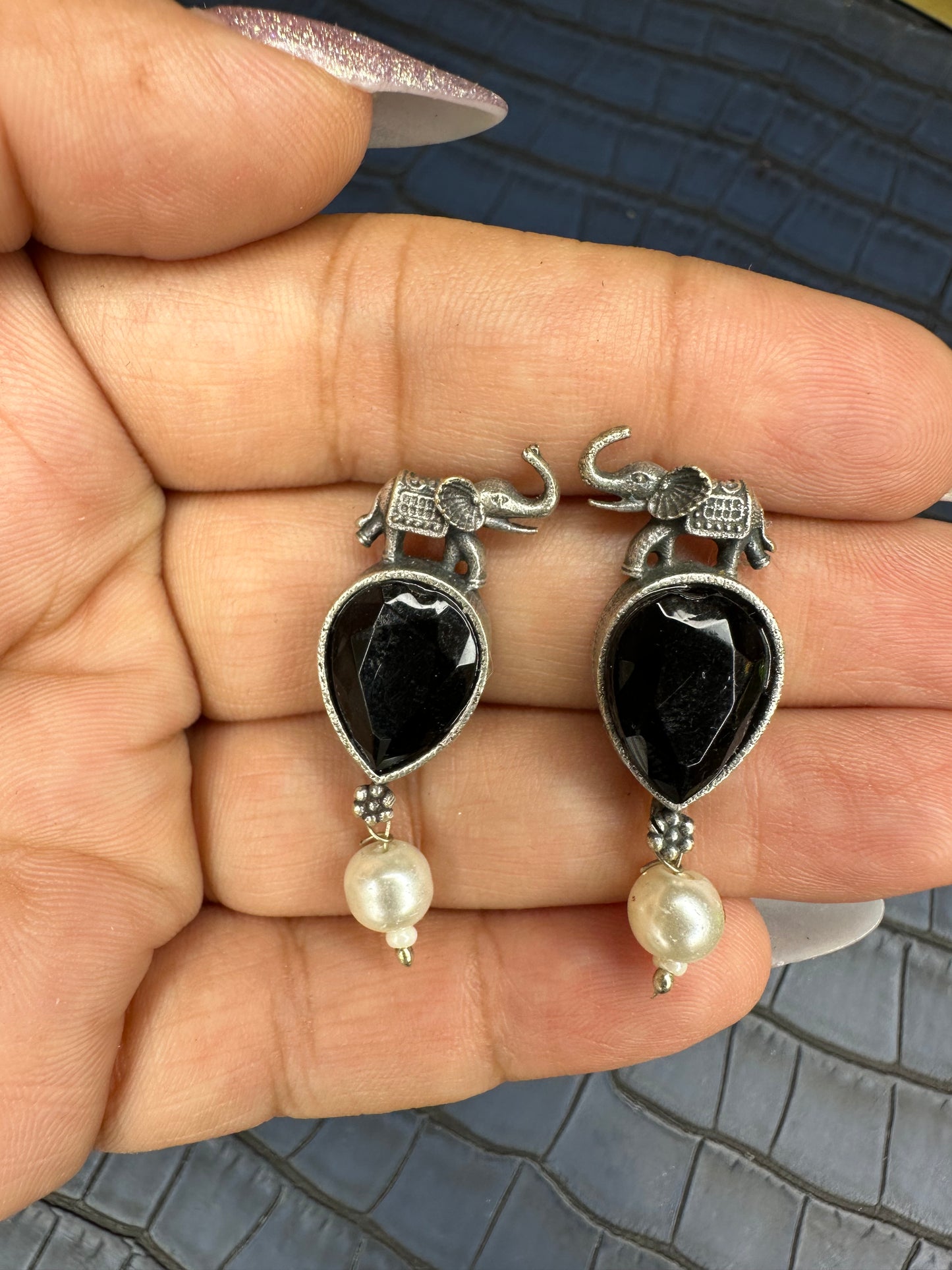 Oxidised Elephant Earrings with Green Stone – Pearl Drop Design