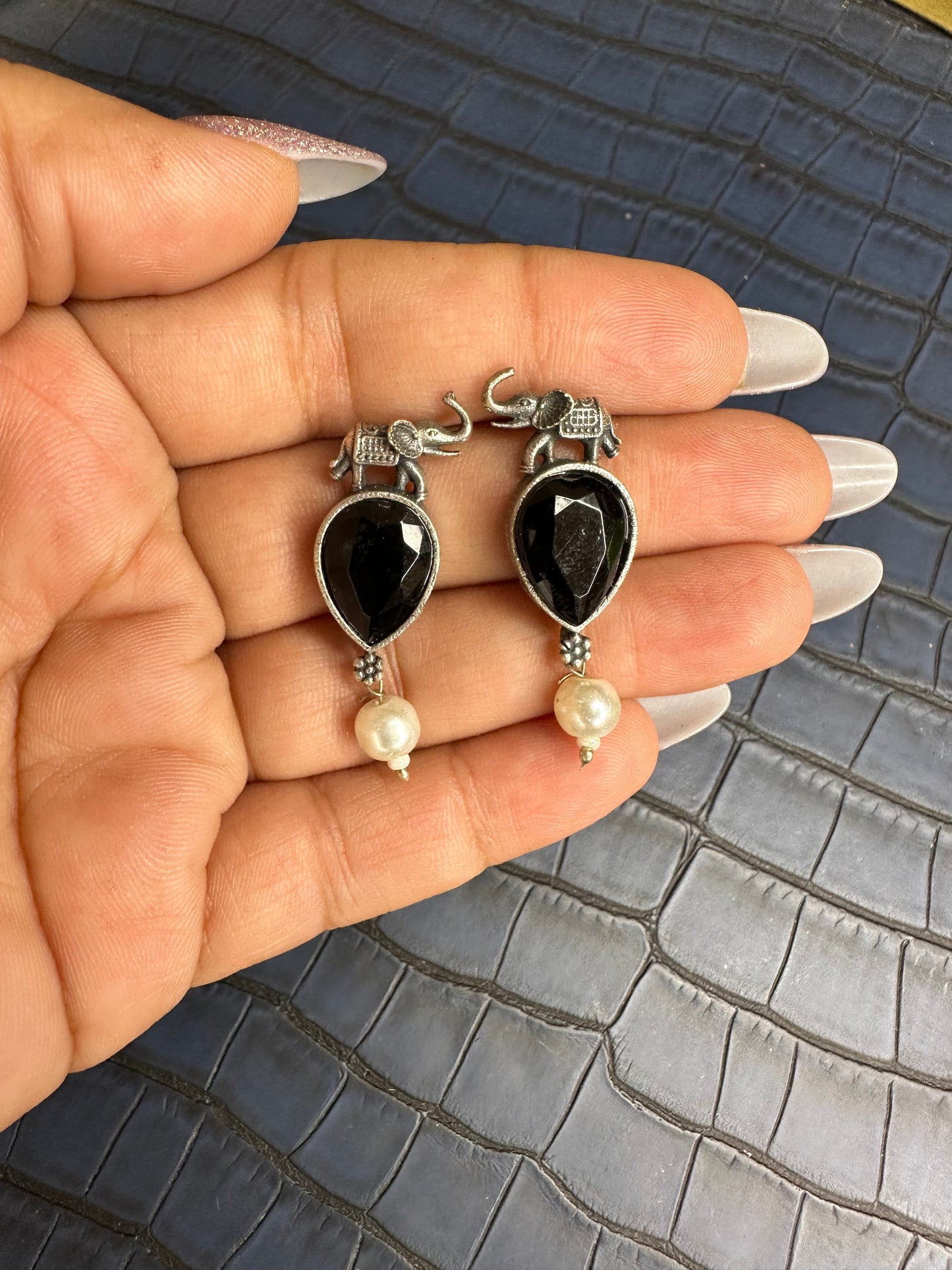 Oxidised Elephant Earrings with Green Stone – Pearl Drop Design