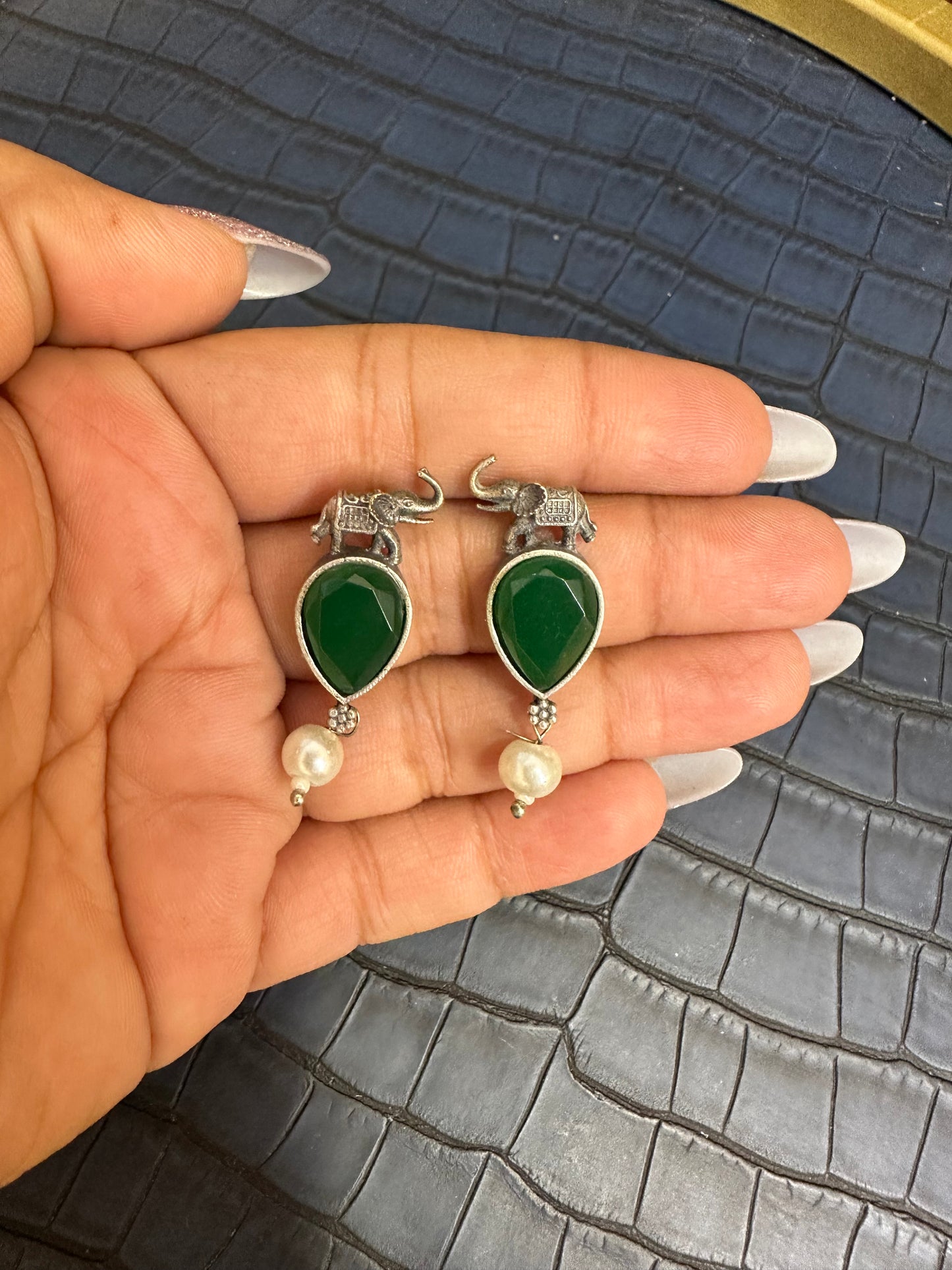Oxidised Elephant Earrings with Green Stone – Pearl Drop Design