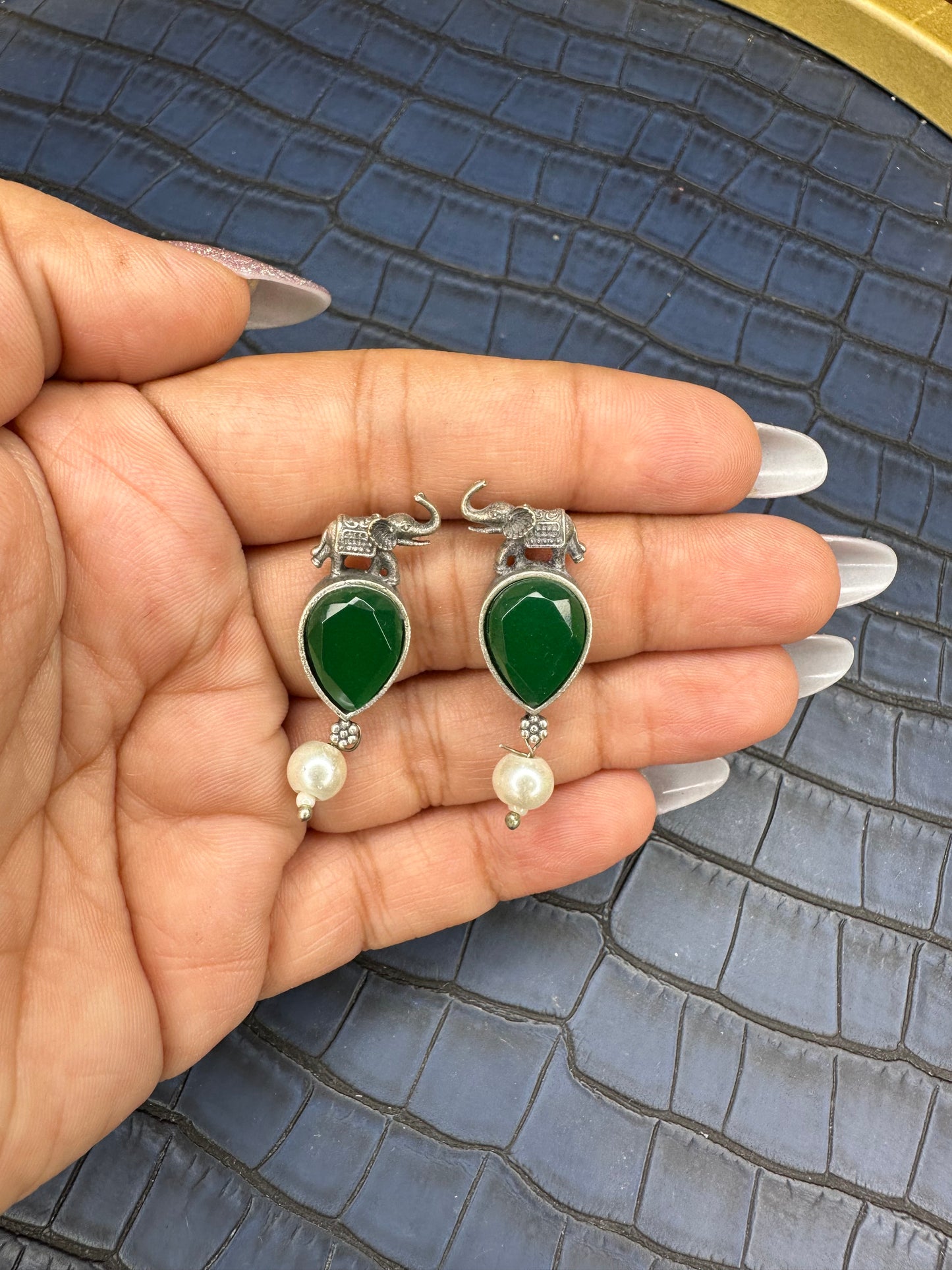 Oxidised Elephant Earrings with Green Stone – Pearl Drop Design