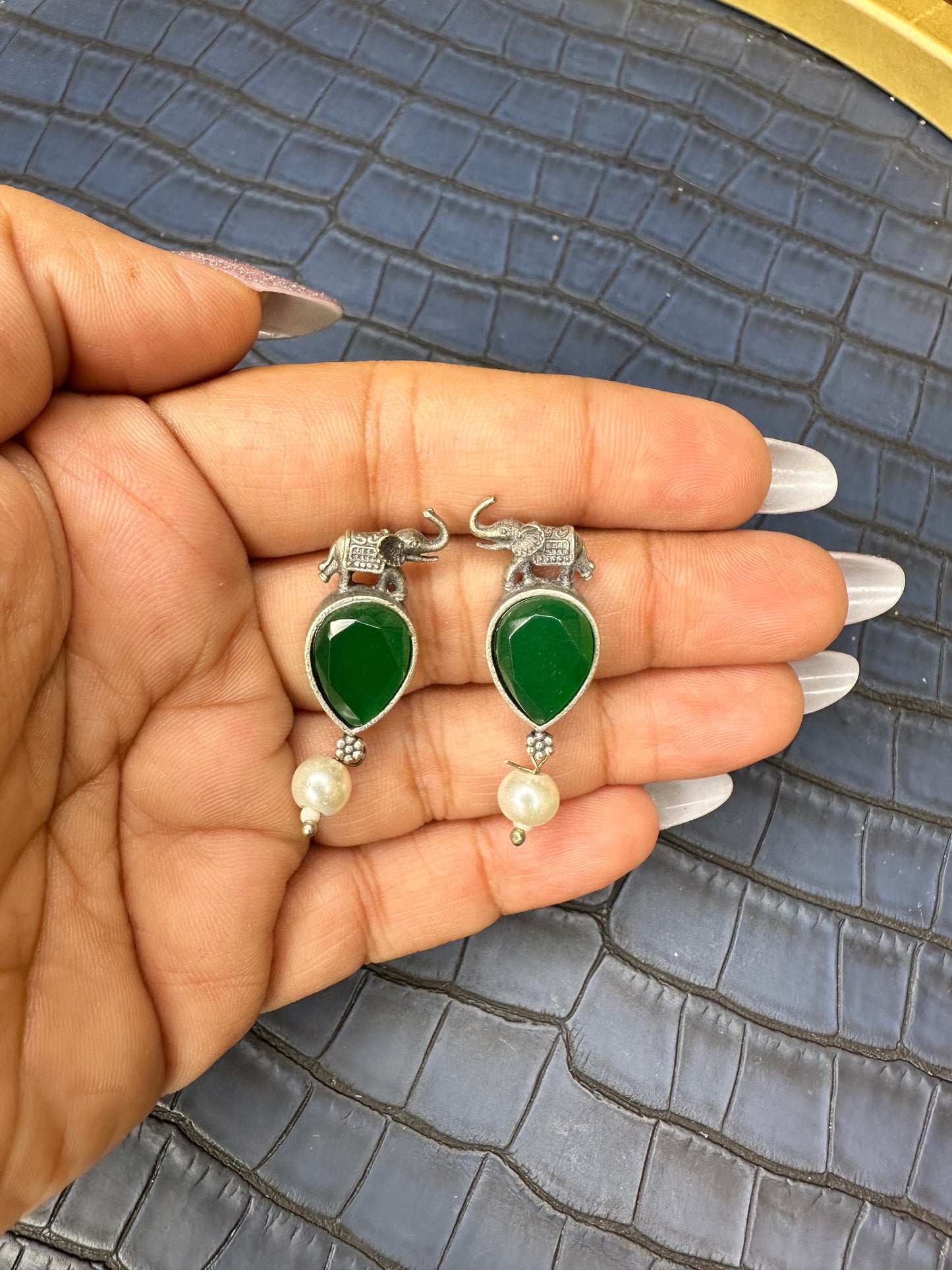 Oxidised Elephant Earrings with Green Stone – Pearl Drop Design