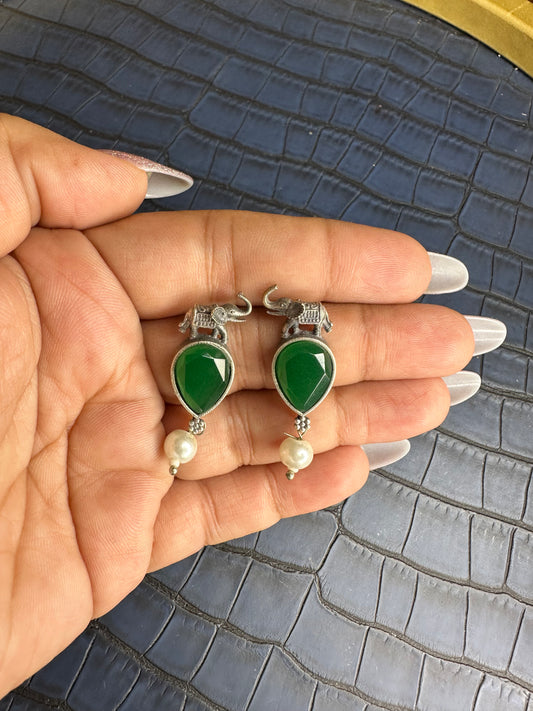 Oxidised Elephant Earrings with Green Stone – Pearl Drop Design