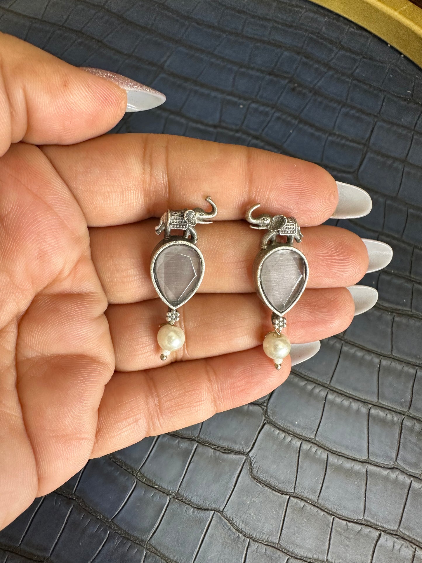 Oxidised Elephant Earrings with Green Stone – Pearl Drop Design