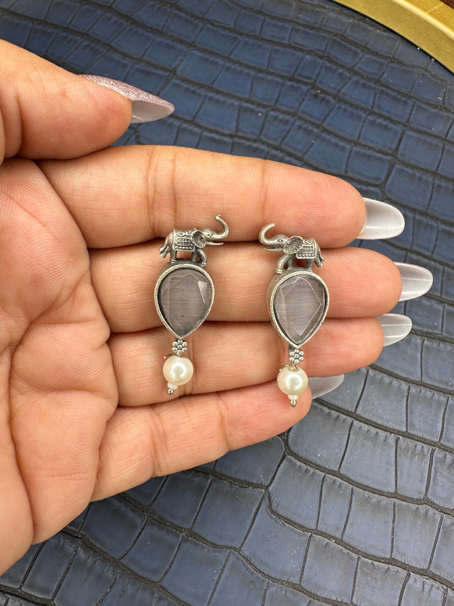 Oxidised Elephant Earrings with Green Stone – Pearl Drop Design