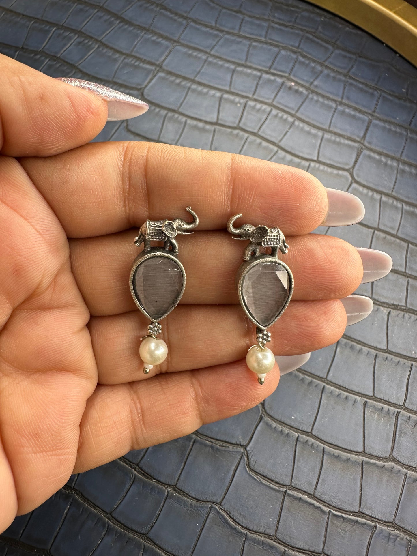 Oxidised Elephant Earrings with Green Stone – Pearl Drop Design