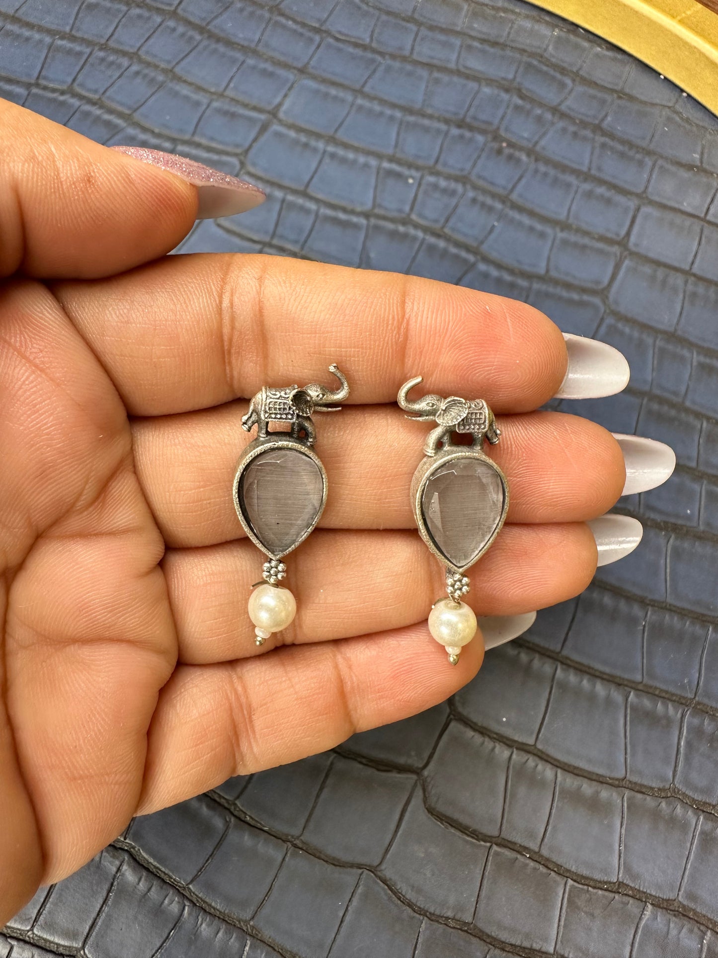 Oxidised Elephant Earrings with Green Stone – Pearl Drop Design