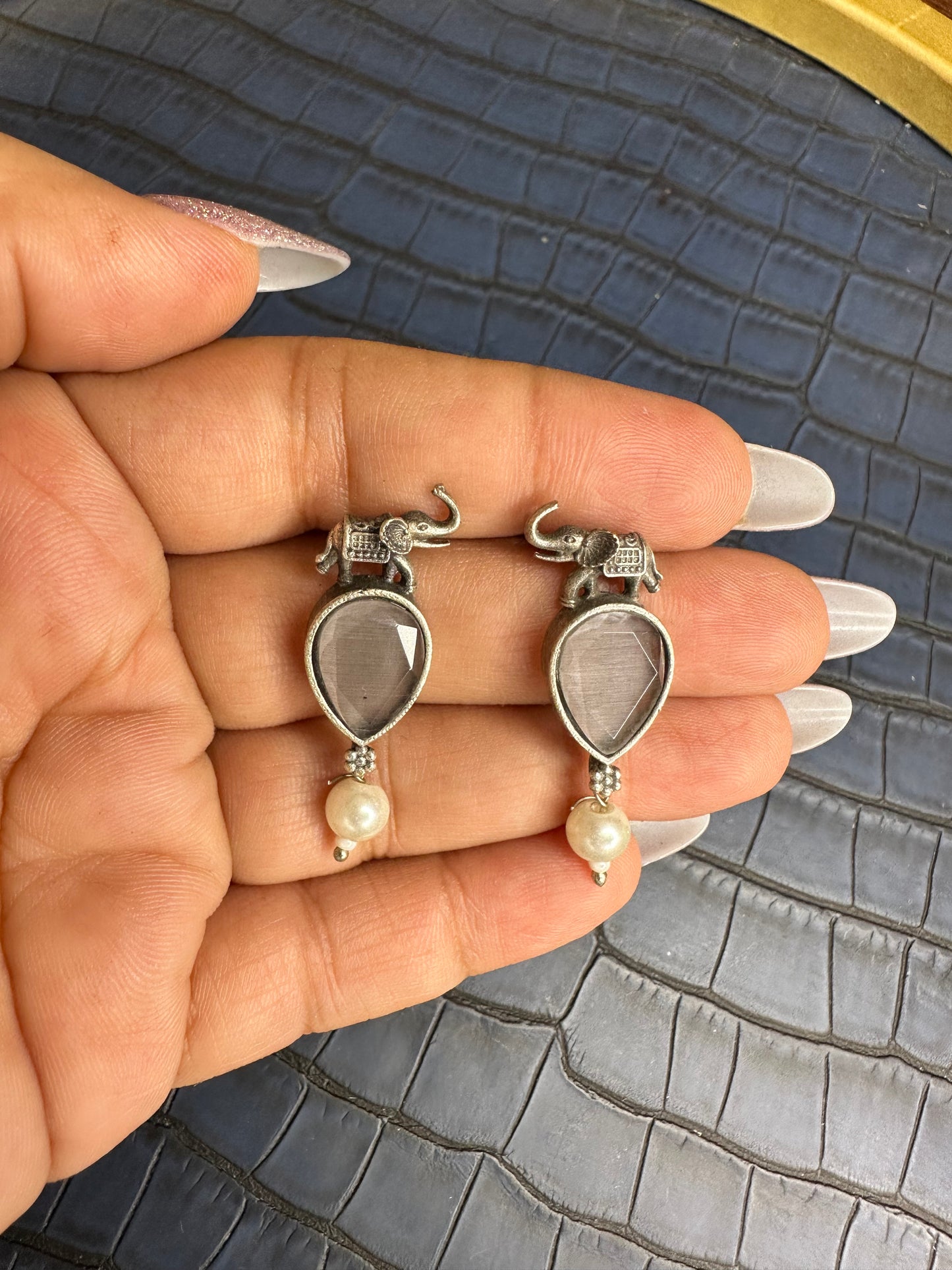 Oxidised Elephant Earrings with Green Stone – Pearl Drop Design