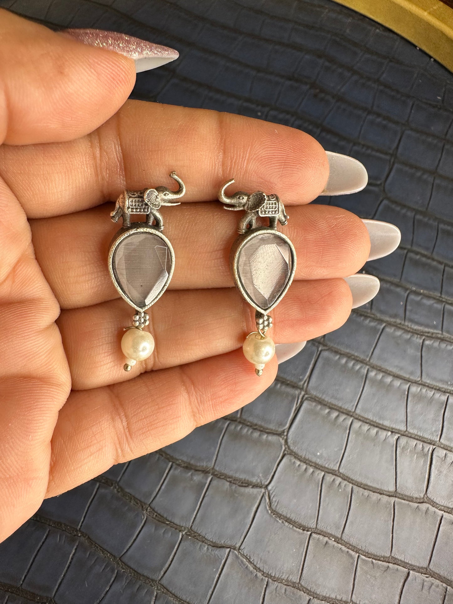 Oxidised Elephant Earrings with Green Stone – Pearl Drop Design