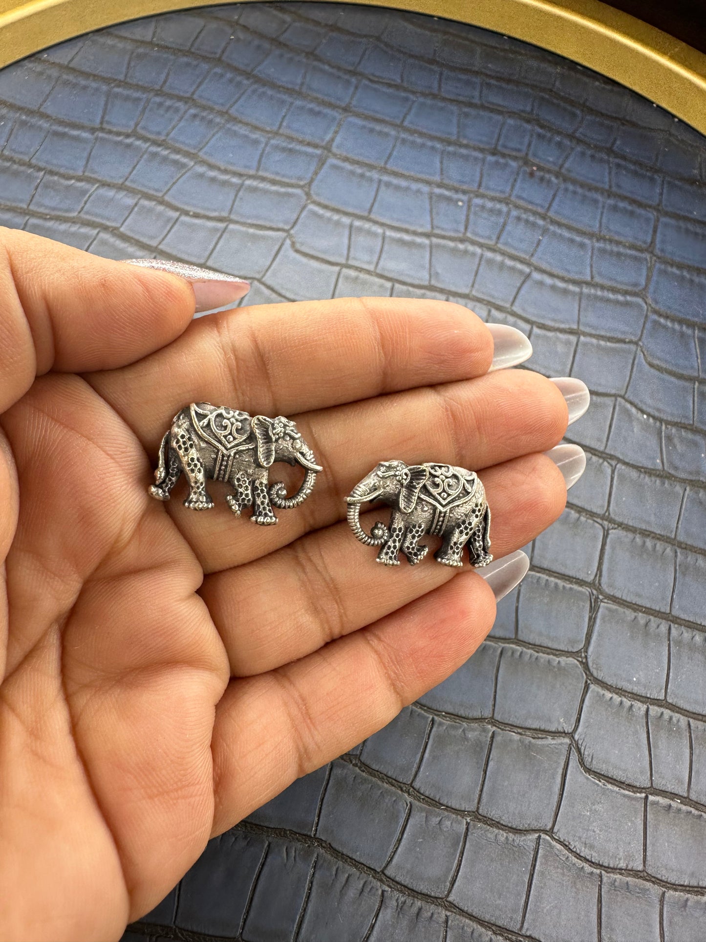 Oxidised Elephant Stud Earrings – Tribal German Silver Statement