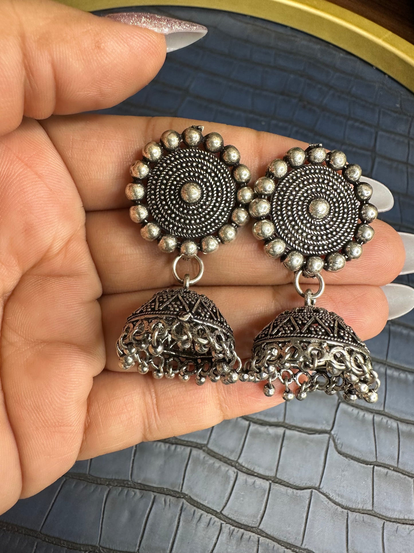 Oxidised Silver Jhumka Earrings – German Silver Statement Drops