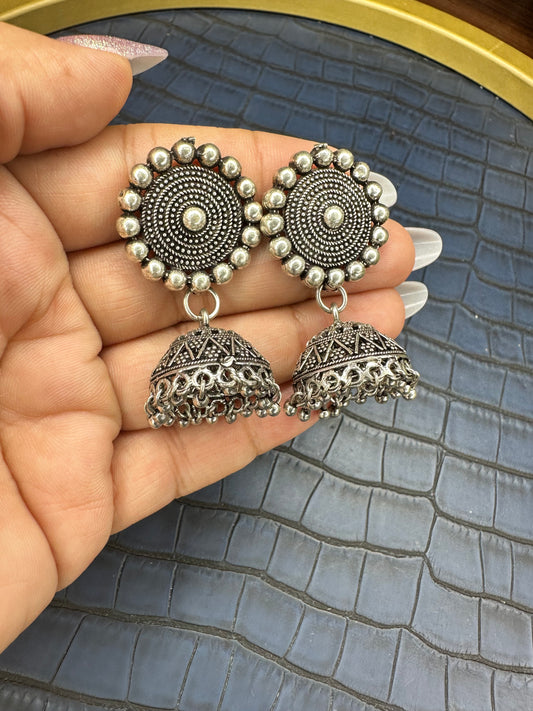 Oxidised Silver Jhumka Earrings – German Silver Statement Drops