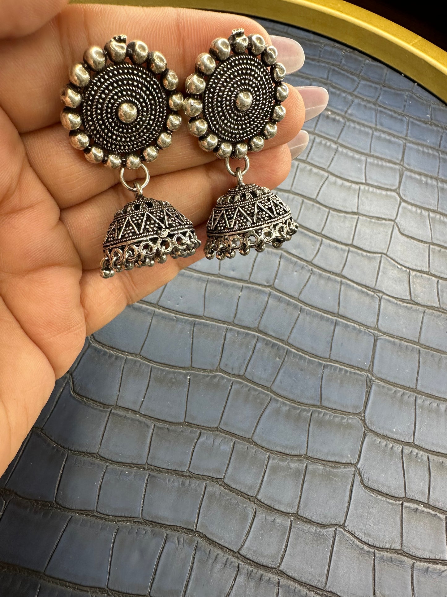Oxidised Silver Jhumka Earrings – German Silver Statement Drops