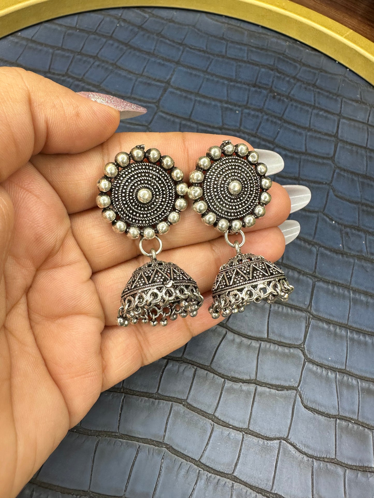 Oxidised Silver Jhumka Earrings – German Silver Statement Drops