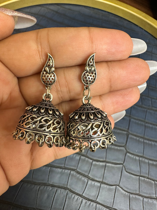 Oxidised Paisley Jhumka Earrings – German Silver Statement Drops