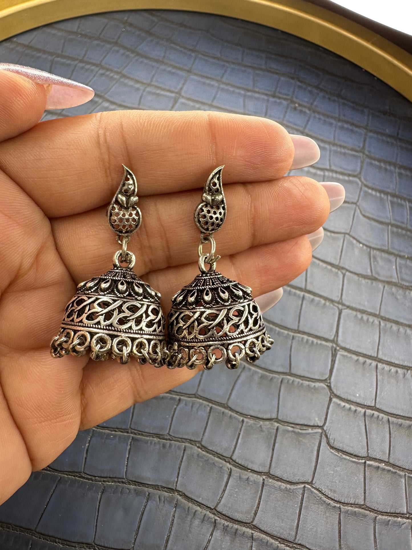 Oxidised Paisley Jhumka Earrings – German Silver Statement Drops