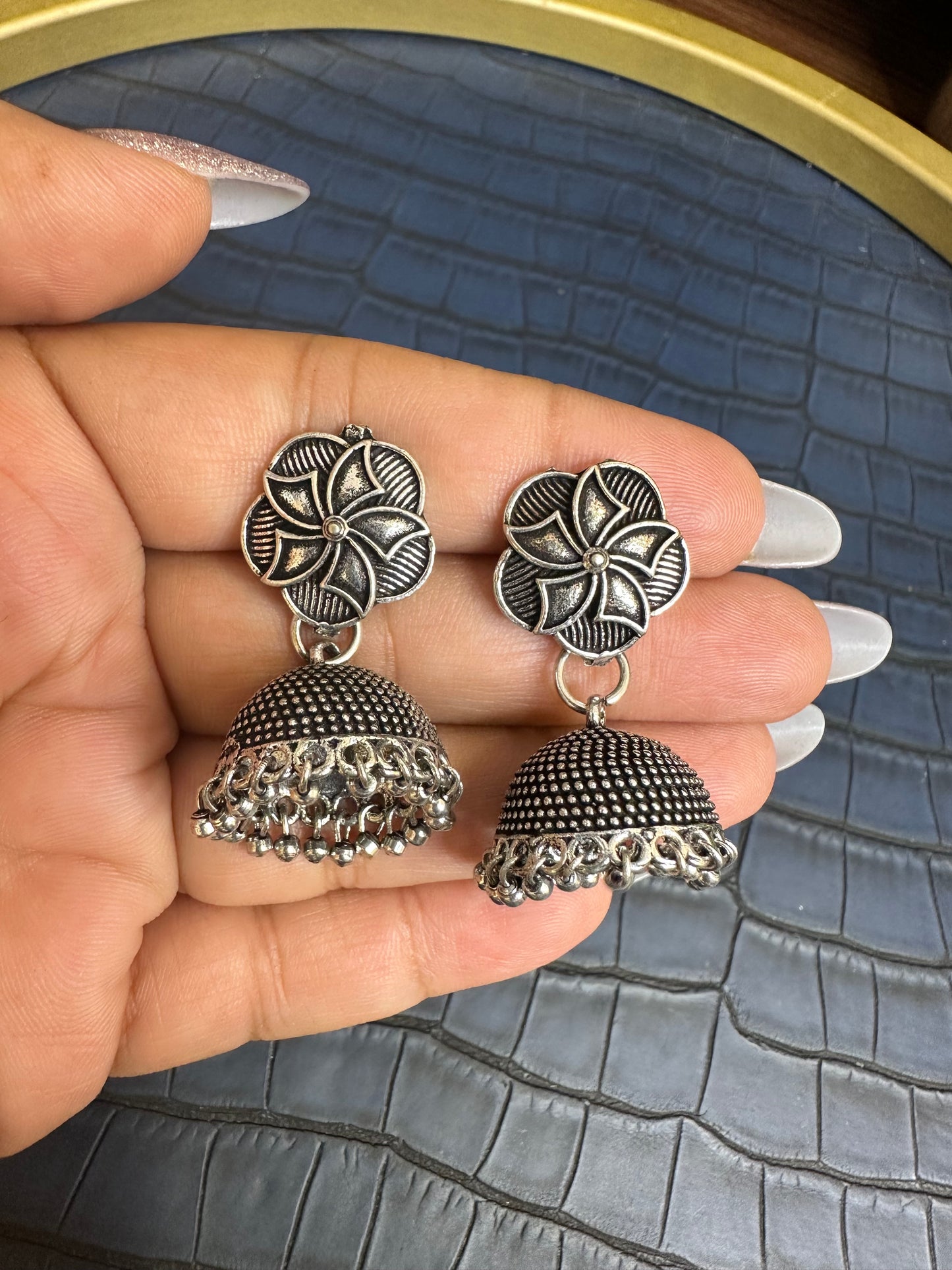 Oxidised Floral Jhumka Earrings – German Silver Statement Drops