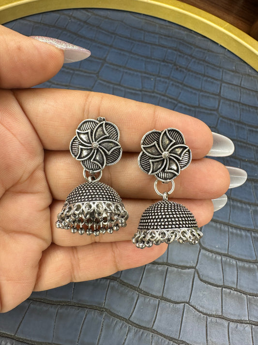 Oxidised Floral Jhumka Earrings – German Silver Statement Drops
