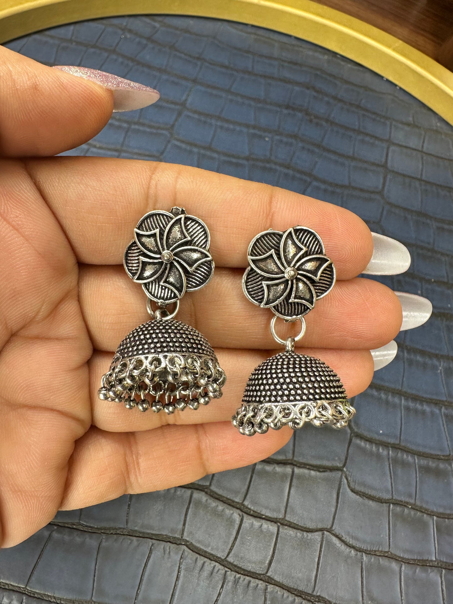 Oxidised Floral Jhumka Earrings – German Silver Statement Drops