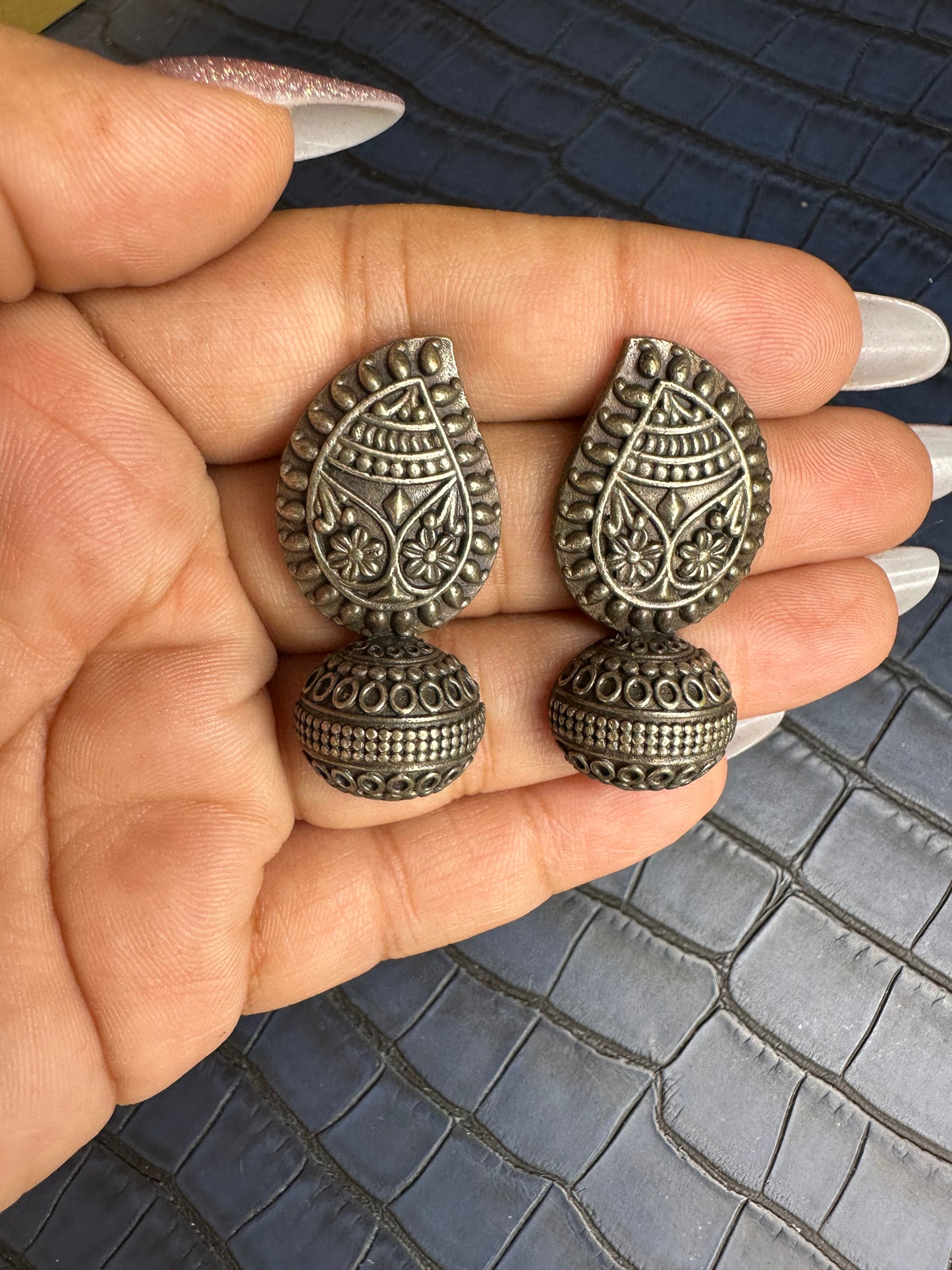 Oxidised Paisley Drop Earrings – German Silver Antique Design