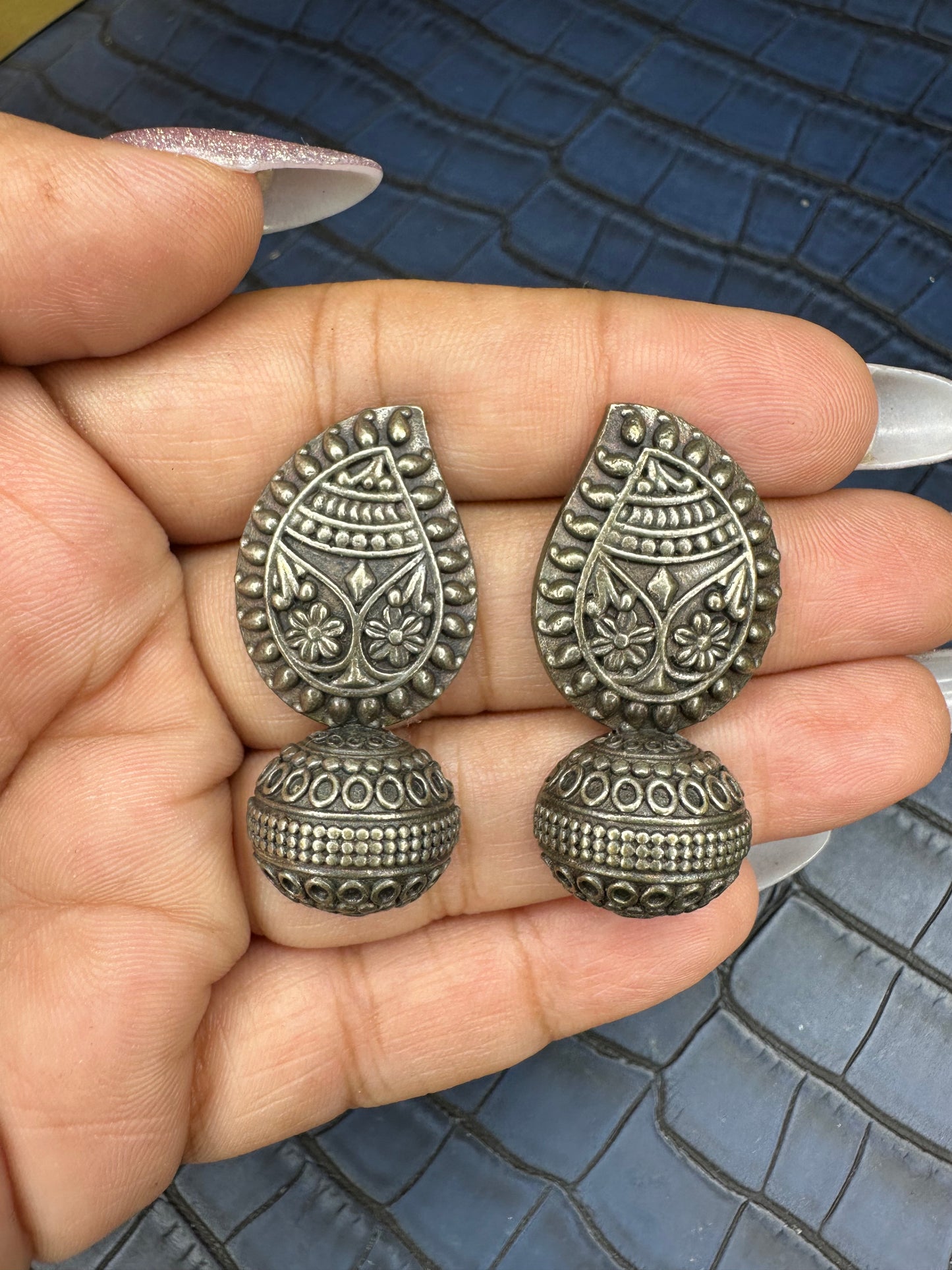 Oxidised Paisley Drop Earrings – German Silver Antique Design