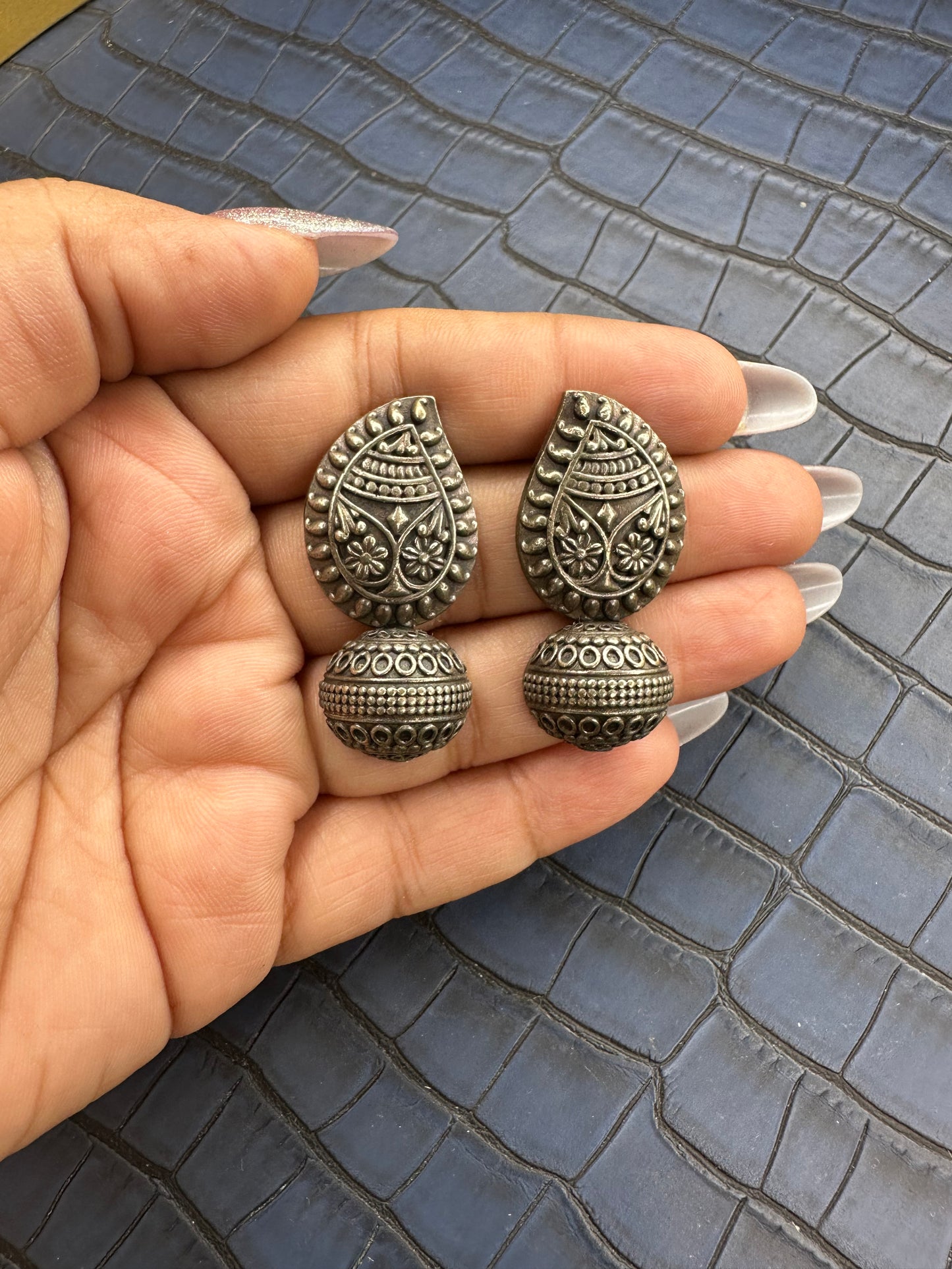 Oxidised Paisley Drop Earrings – German Silver Antique Design