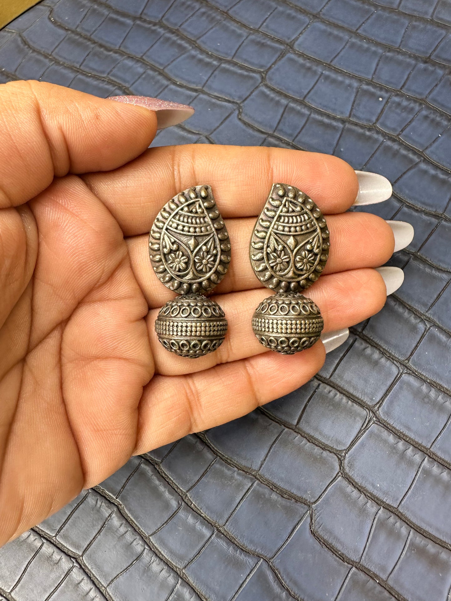 Oxidised Paisley Drop Earrings – German Silver Antique Design